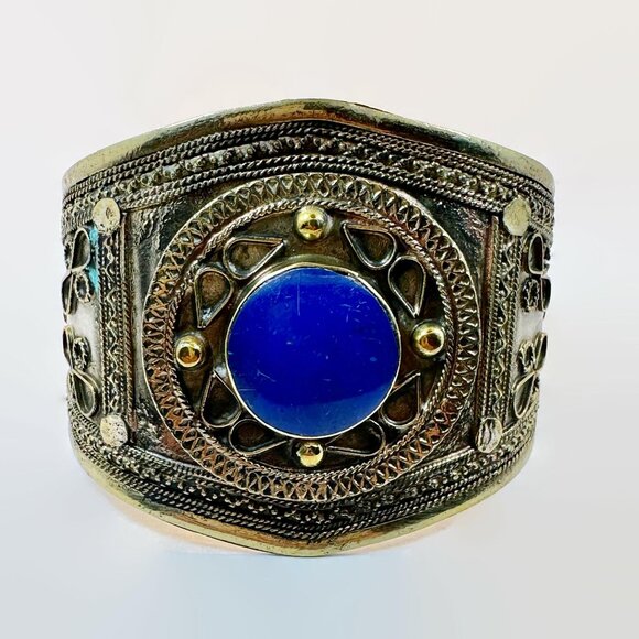 Lapis Bracelet, Afghan, Middle Eastern, Kuchi Jewelry, Wide, Silver, Brass - Picture 3 of 6